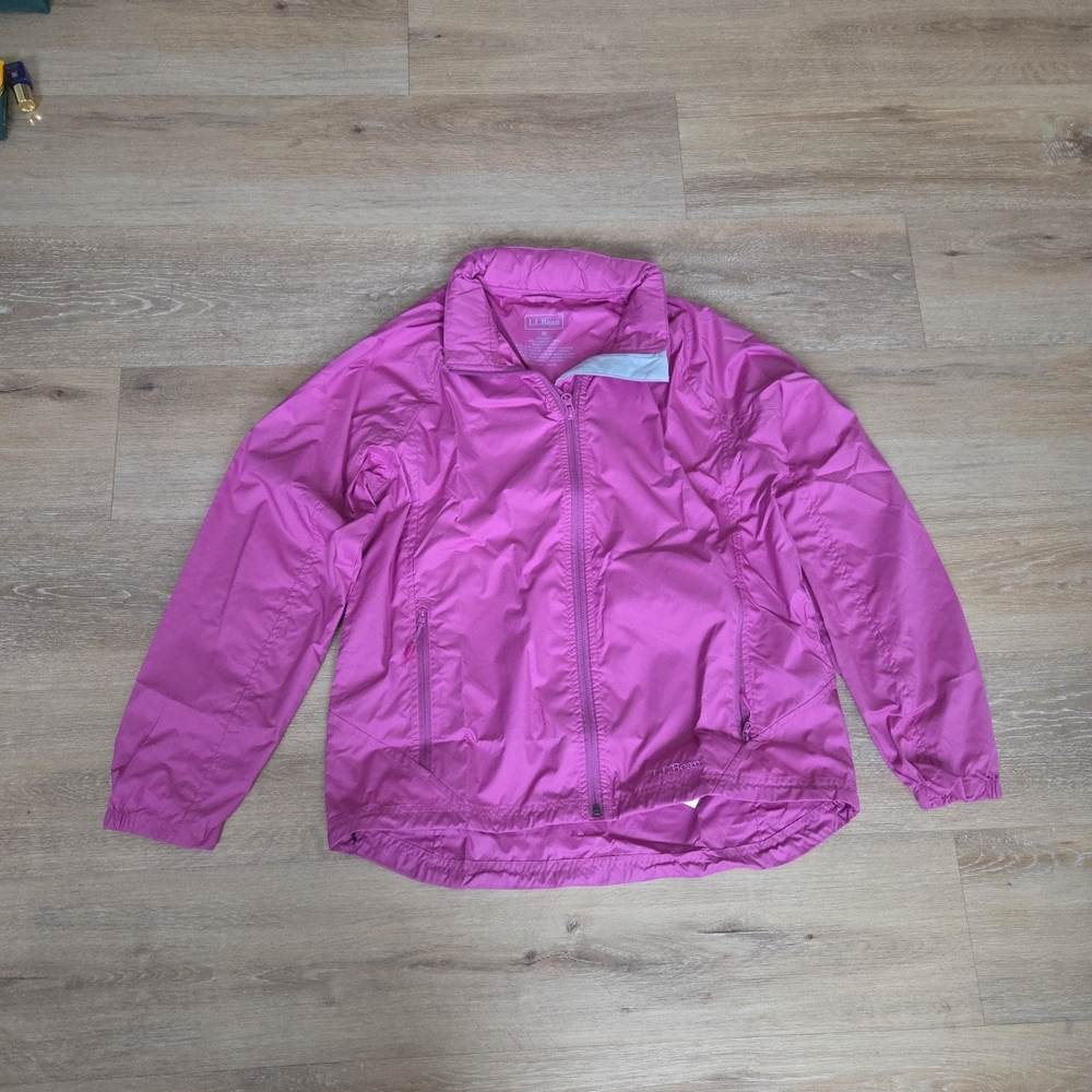 LL Bean Jacket Windbreaker Hideaway Hood Lined Full Zip Fucshia Med VN02322